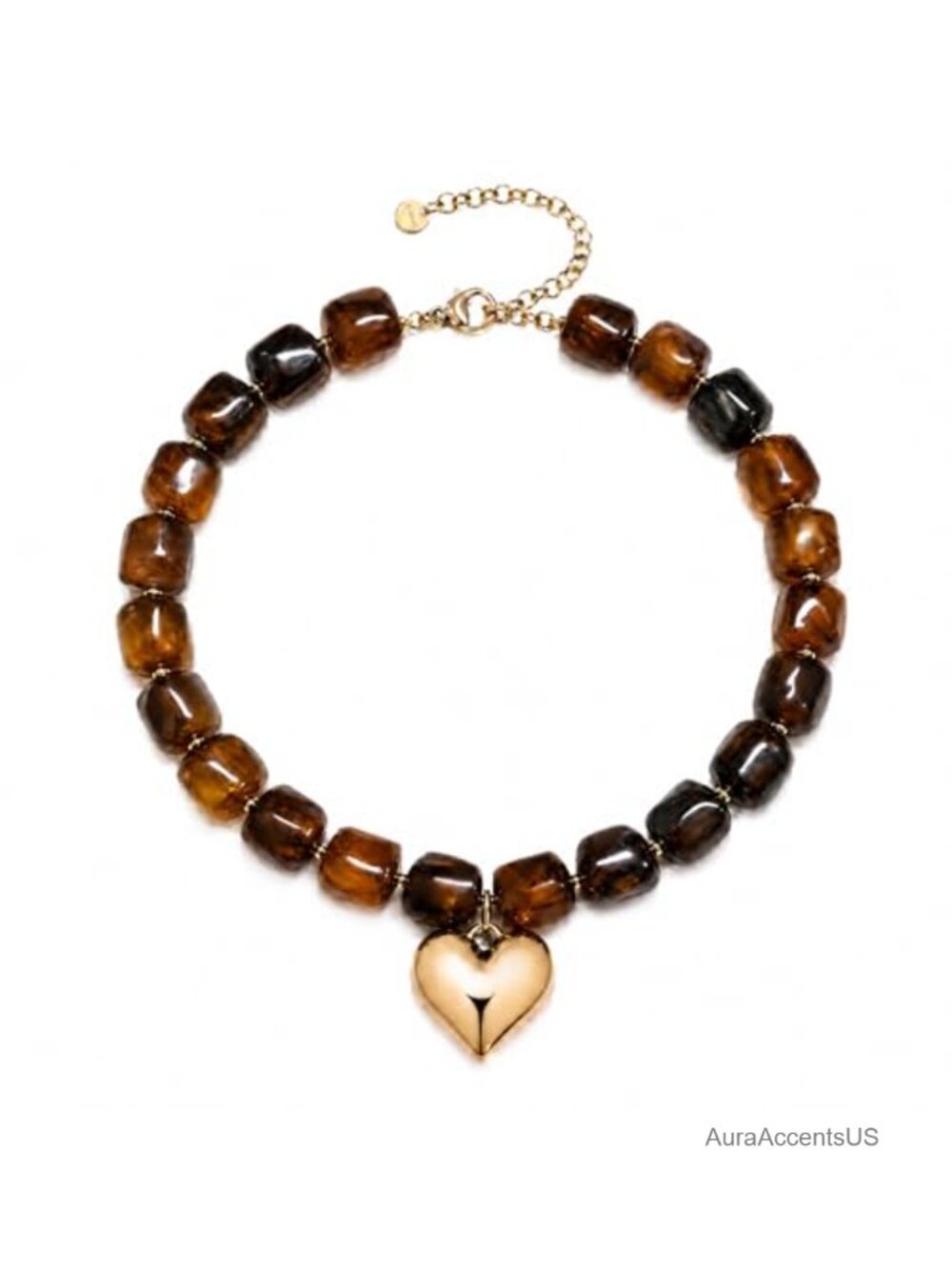 Chunky Colorful Beaded Necklace for Women with Gold Heart Pendant - Trendy
